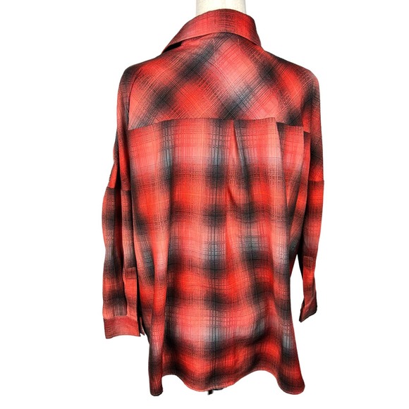 UNIF Orange Brown and Gray Plaid Button Up Cold Shoulder Shirt Size XS - Picture 6 of 6